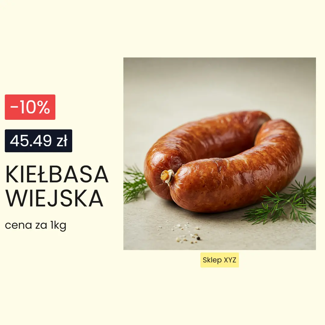 Grafika promocyjna kiełbasy wiejskiej w sklepie spożywczym, stworzona na podstawie szablonu.