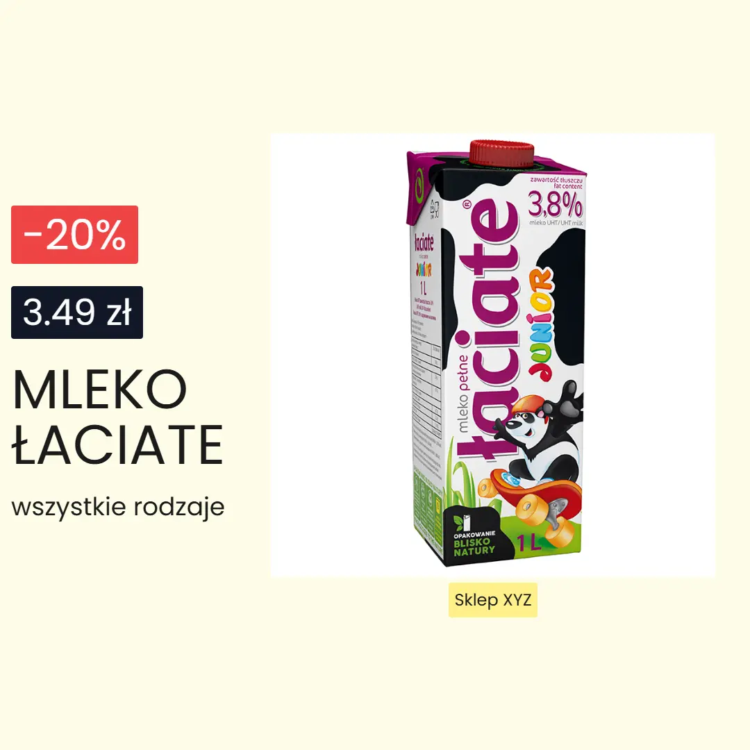 Grafika promocyjna mleka w sklepie spożywczym, stworzona na podstawie szablonu.